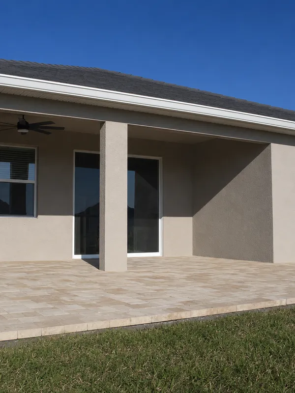 Finished paver deck running the width of the house