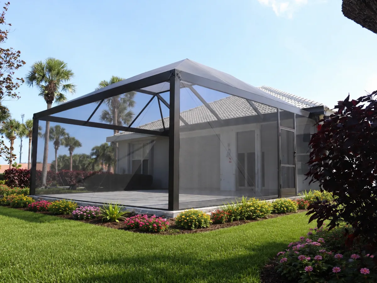 Screened patio enclosure with flowering garden beds along the walk